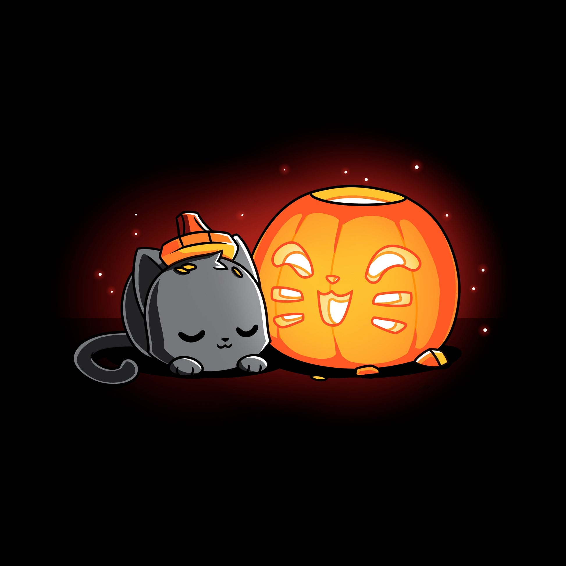 Pullover Hoodie_TeeTurtle Pumpkin Carver black t-shirt featuring a cat sleeping next to a cute Halloween jack-o-lantern