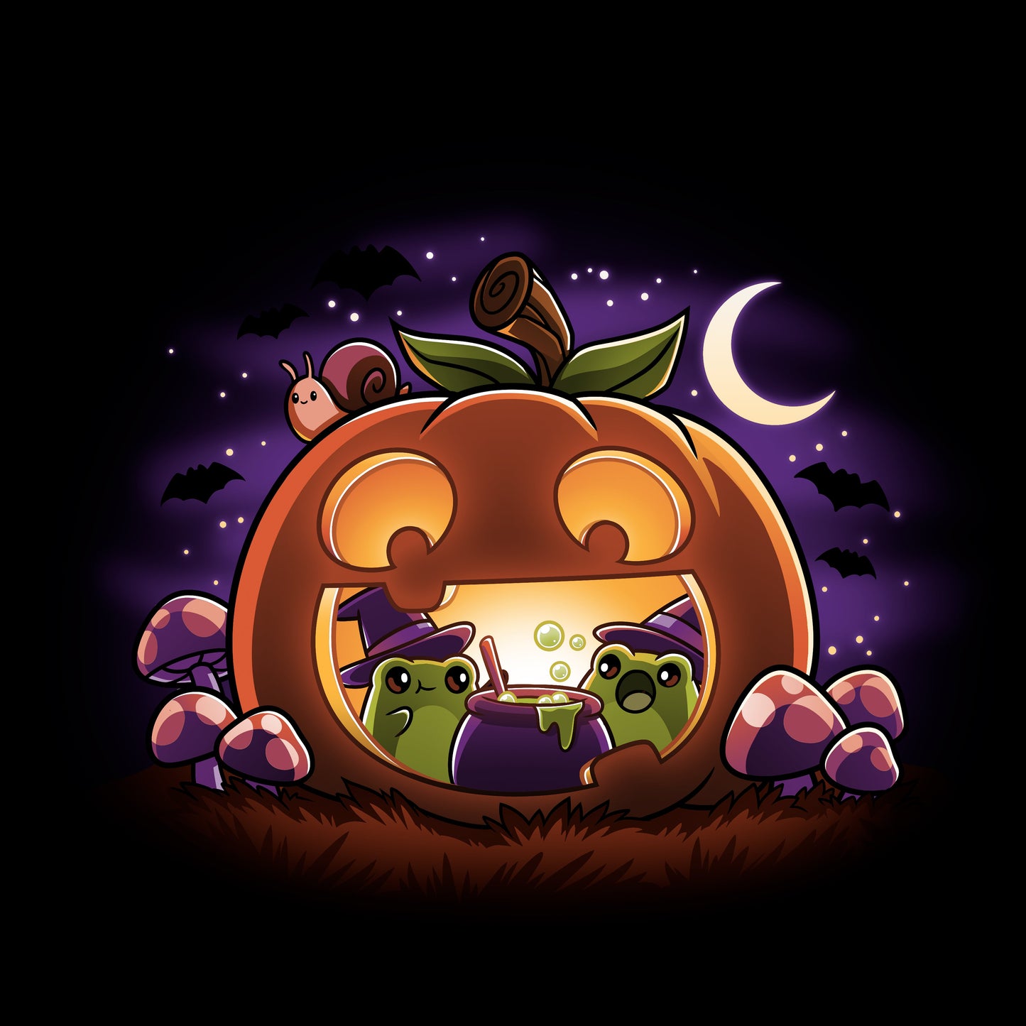 Pullover Hoodie_TeeTurtle Pumpkin Frog Witches black design featuring two frogs wearing witch hats brewing a cauldron of potion inside of a happy Halloween jack-o-lantern.