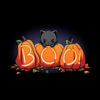 Crew Neck Sweatshirt_TeeTurtle Pumpkin Kitty black t-shirt featuring a spooky black cat sitting behind three pumpkins that spell "BOO!" with glowing letters, surrounded by scattered leaves in Halloween fall colors. 