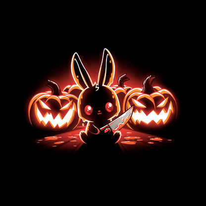 Classic Cotton T-shirt_TeeTurtle Pumpkin Murderer black t-shirt featuring a cute bunny holding a knife sitting in front of carved jack-o'-lanterns, illuminated by a glowing red light.