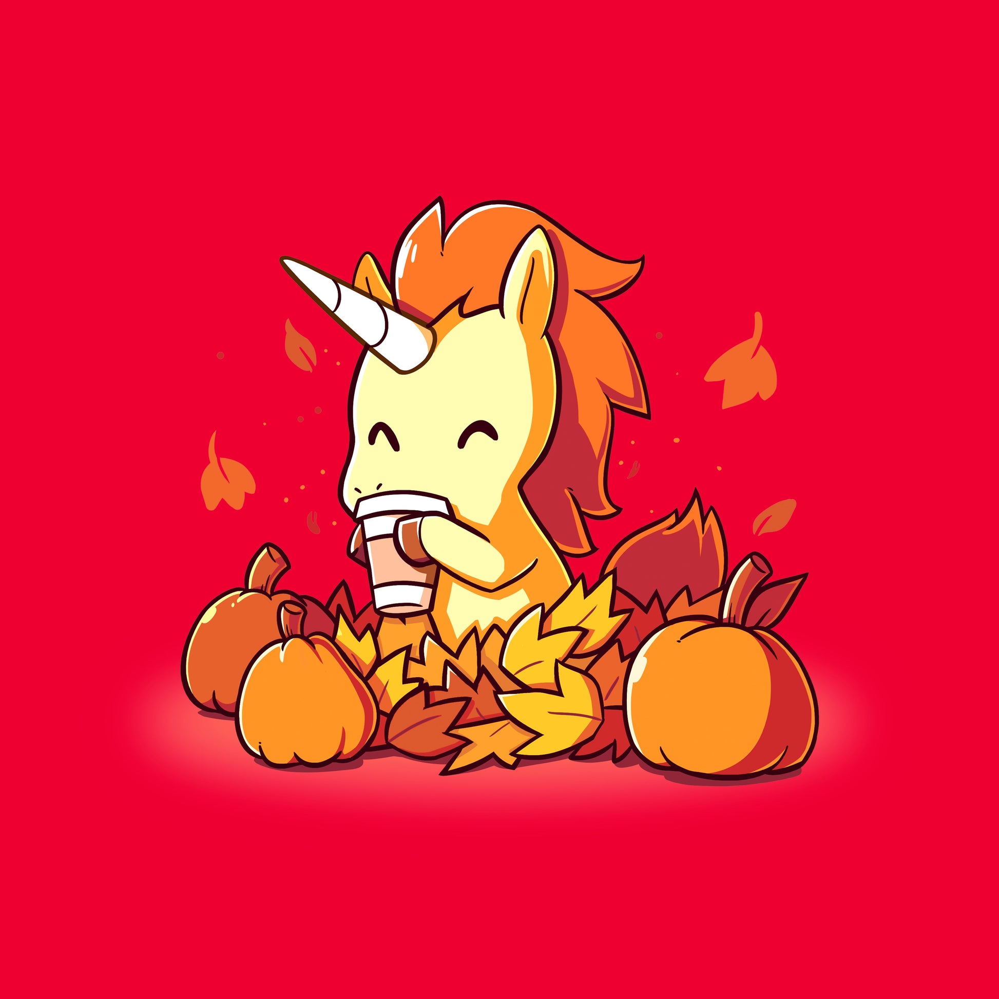 Classic Cotton T-shirt_TeeTurtle red Pumpkin Spice Unicorn. Featuring a unicorn drinking pumpkin spice coffee surrounded by pumpkins and falling leaves.