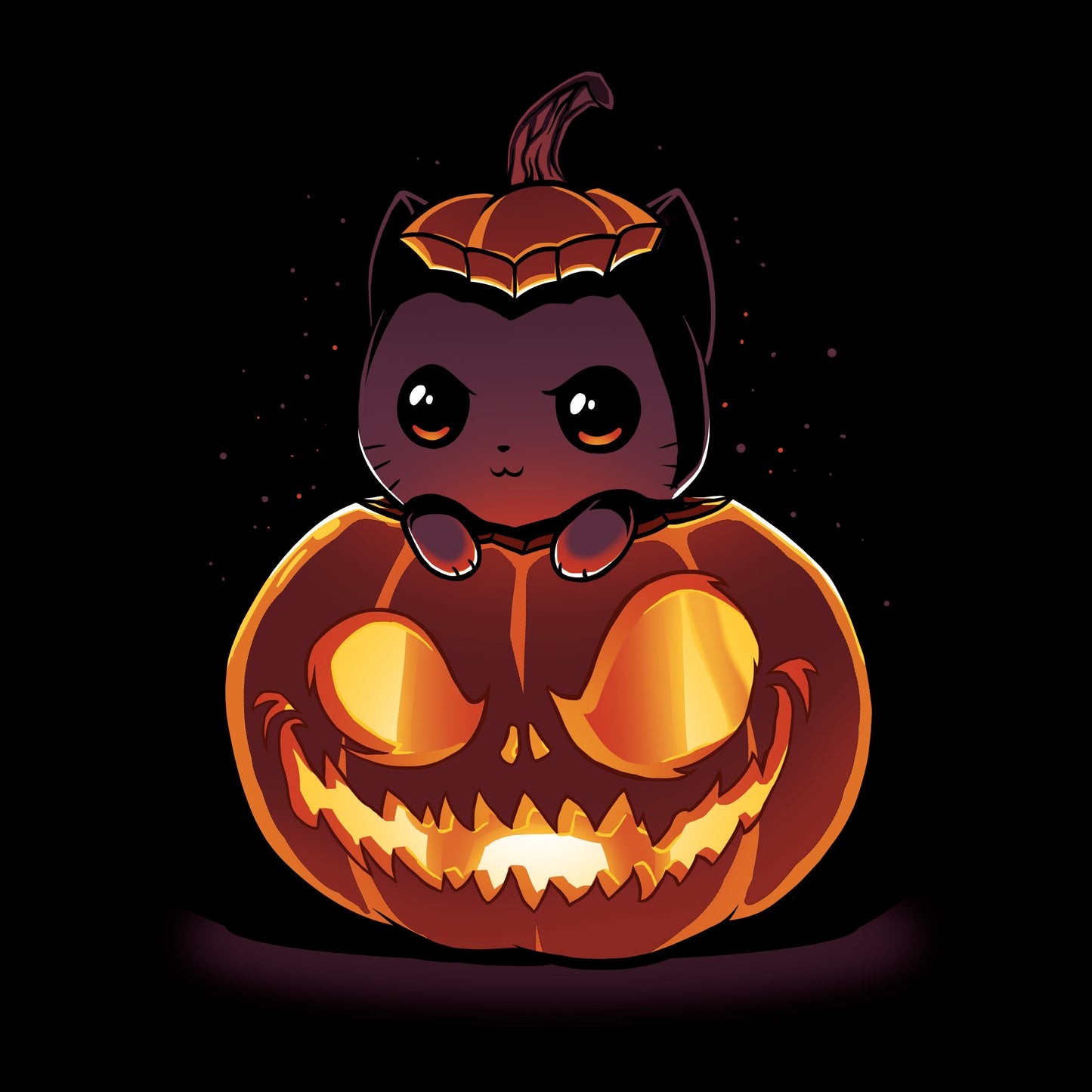 Long Sleeve T-shirt_TeeTurtle black Pumpkitten. Featuring a cat popping out of a spooky jack-o-lantern pumpkin.