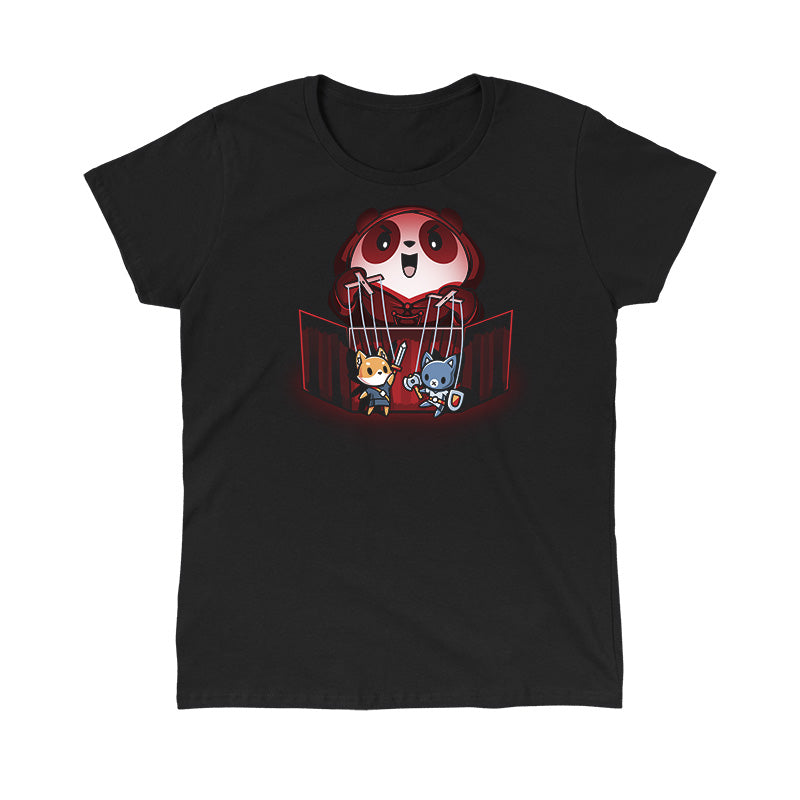 Classic Cotton T-shirt_TeeTurtle Puppet Master black t-shirt featuring an illustration of a cartoon panda smiling evilly and standing behind a puppet  theater holding a fox puppet with a sword in the left hand and a cat with an axe and shield in the right hand. The illustration is being illuminated by a red glow.