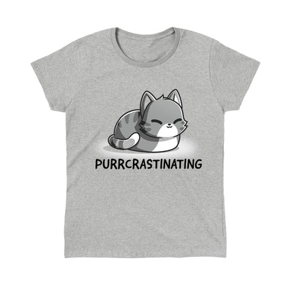 Classic Cotton T-shirt_TeeTurtle Purrcrastinating Heather Gray t-shirt featuring a grayscale illustration of a cat with closed eyes.