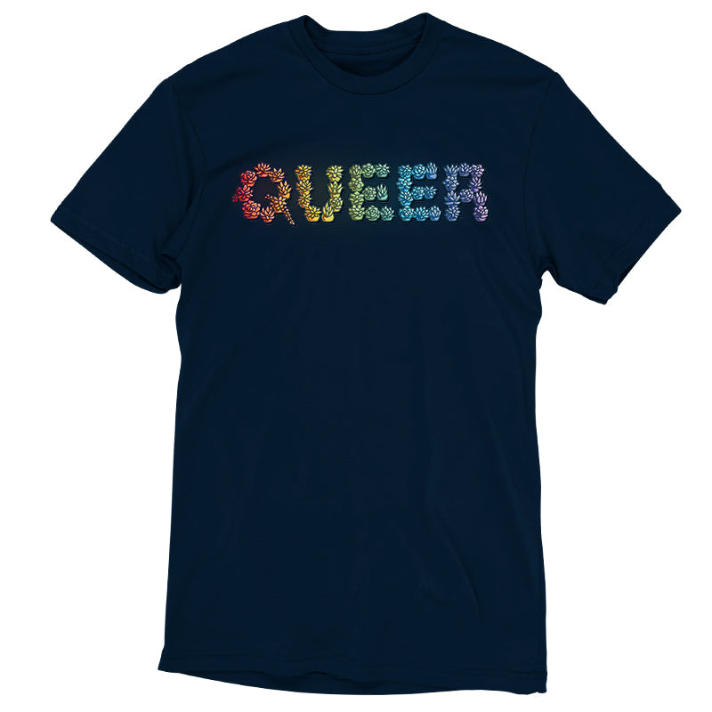 Premium Cotton T-shirt - A navy blue Queer and Proud made of super soft ringspun cotton, featuring the word "QUEER" printed in multicolored floral letters on the front by monsterdigital.