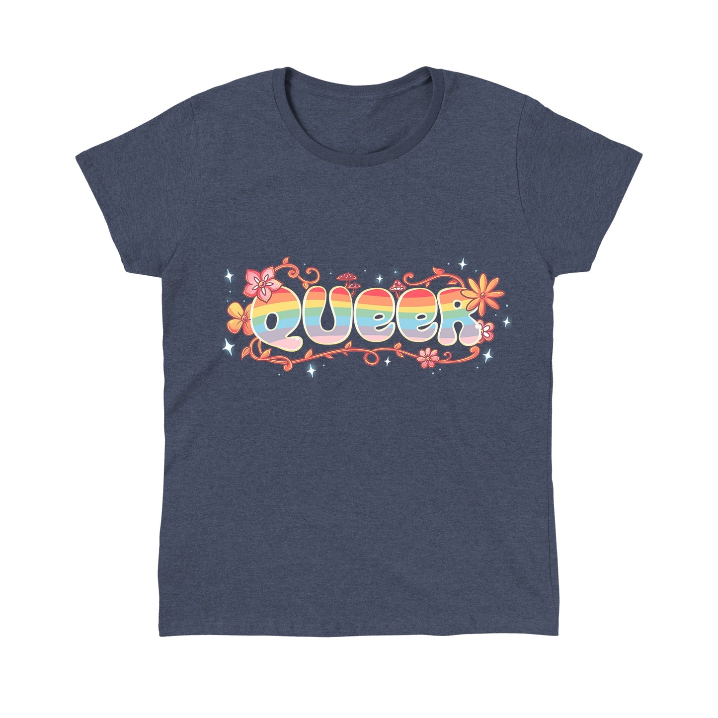 Classic Cotton T-shirt_TeeTurtle Queer heather navy t-shirt featuring an artistic "queer" word filled with rainbows and surrounded by flowers, vines, and mushrooms.