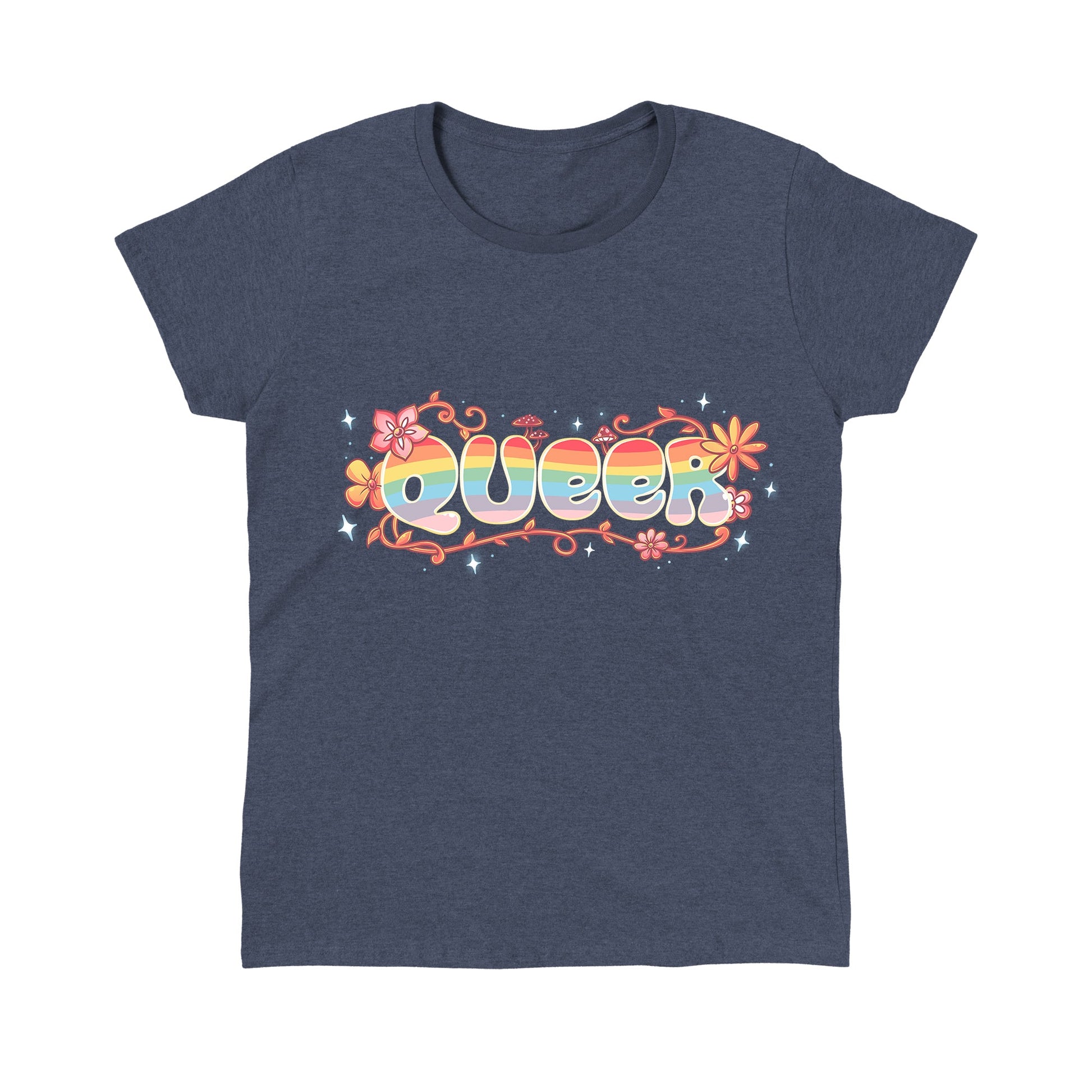 Classic Cotton T-shirt_TeeTurtle Queer heather navy t-shirt featuring an artistic "queer" word filled with rainbows and surrounded by flowers, vines, and mushrooms.