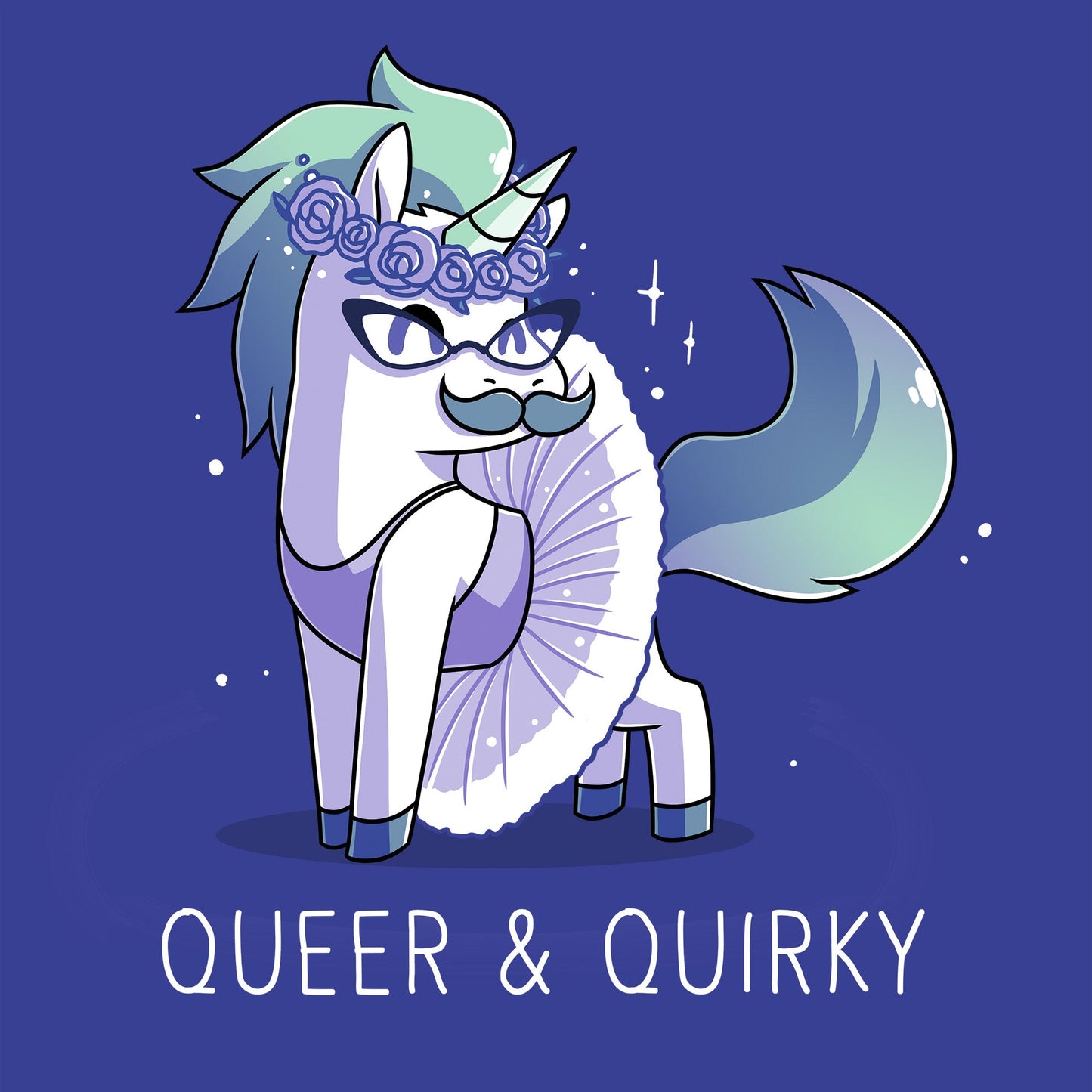 Classic Cotton T-shirt_Teeturtle Queer and Quirky Royal Blue Featuring a sparkling unicorn in a tutu and a crown of roses wearing glasses and sporting a moustache with the image above the words 'Queer and Quirky'.