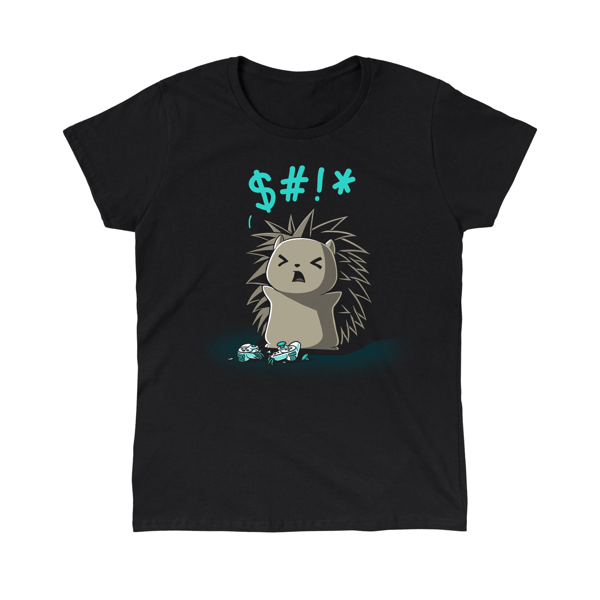 Classic Cotton T-shirt_TeeTurtle black Ragequit. Featuring an angry hedgehog with a broken video game controller.