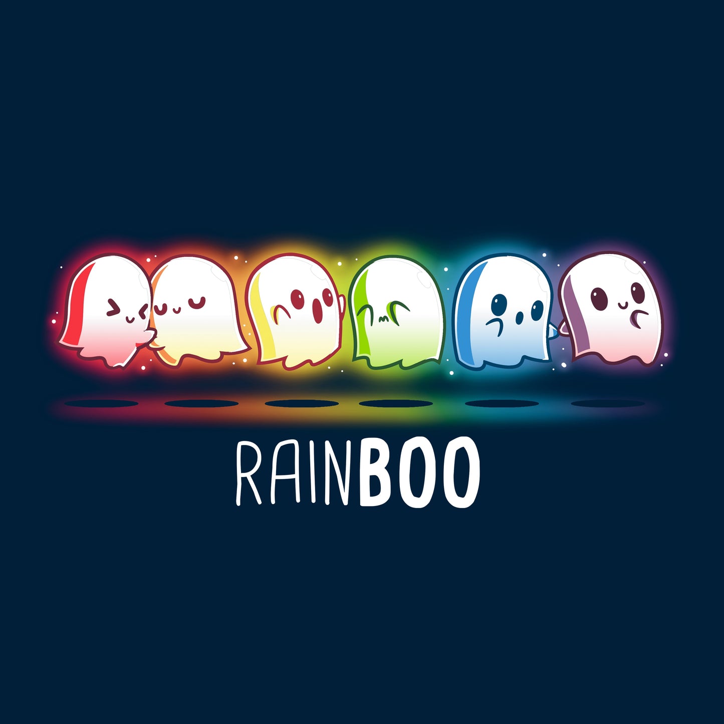 Crew Neck Sweatshirt_TeeTurtle Rainboo Navy Blue t-shirt featuring six colorful spooky pride ghosts arranged in a line, each representing a color of the rainbow. The word "RAINBOO" is below them, with the "BOO" in a different font for emphasis.