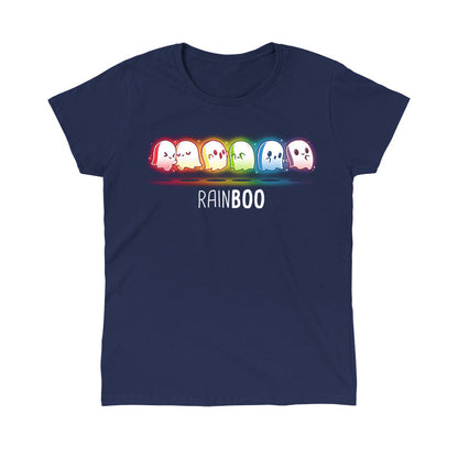 Classic Cotton T-shirt_TeeTurtle Rainboo Navy Blue t-shirt featuring six colorful spooky pride ghosts arranged in a line, each representing a color of the rainbow. The word "RAINBOO" is below them, with the "BOO" in a different font for emphasis.