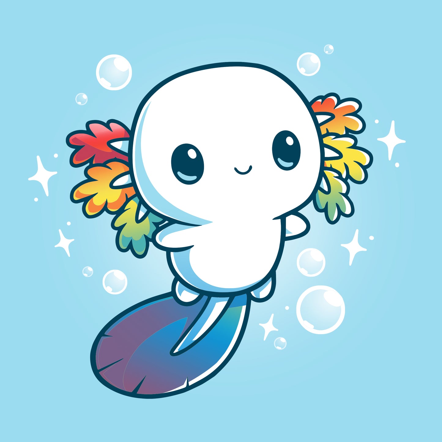 Classic Cotton T-shirt_TeeTurtle Rainbow Axolotl light blue t-shirt featuring an illustration of a smiling white axolotl with rainbow fins and gradient blue tail surrounded by stars and bubbles.