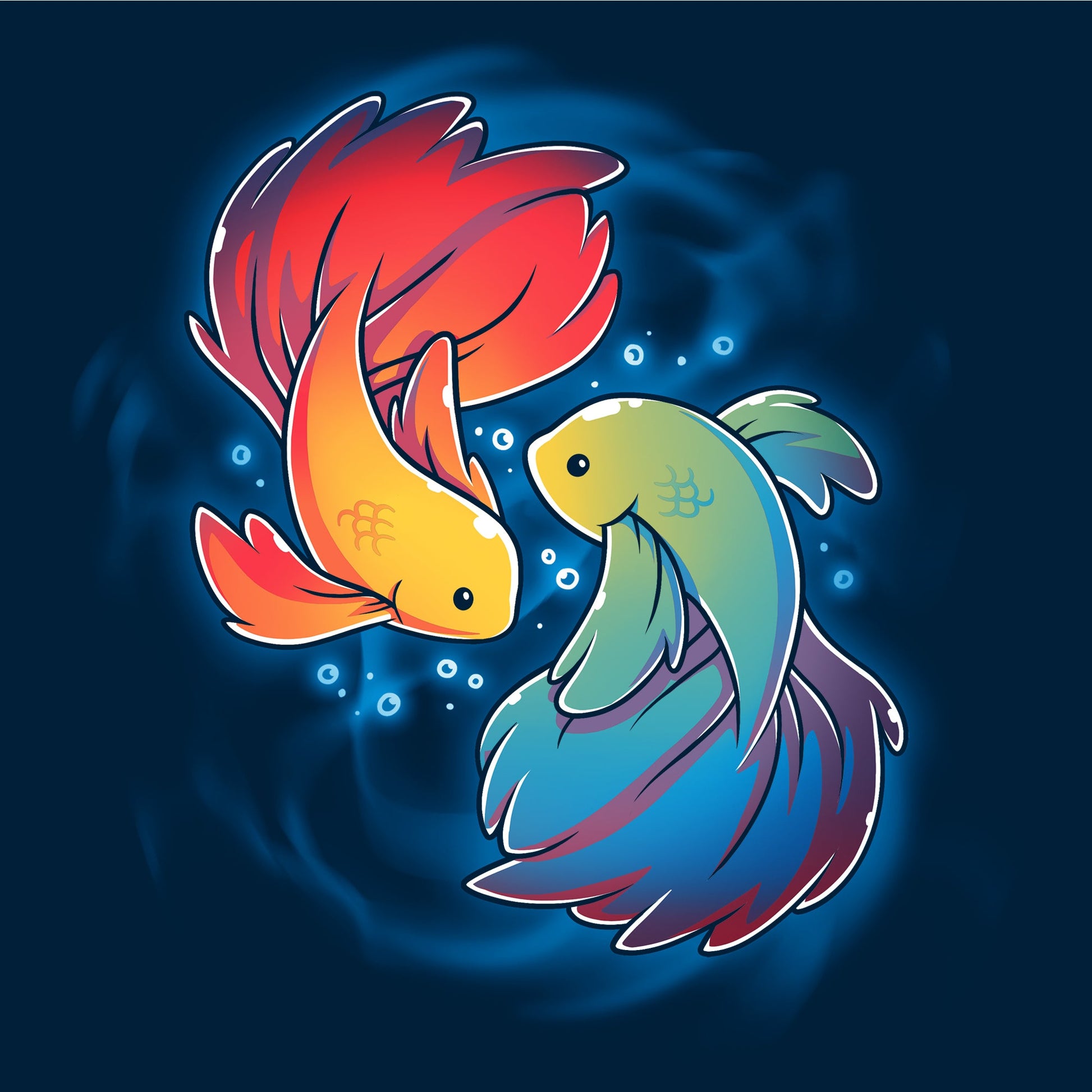 Long Sleeve T-shirt_TeeTurtle Rainbow Betta navy blue t-shirt featuring two colorful Rainbow Betta fish displaying their pride colors swimming in a circular pattern.