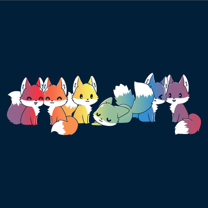 Long Sleeve T-shirt_Illustration of seven cartoon foxes in a line, each in a different color: red, orange, yellow, green, blue, indigo, and purple against a dark background on a Navy Blue apparel from monsterdigital's Rainbow Foxes collection.