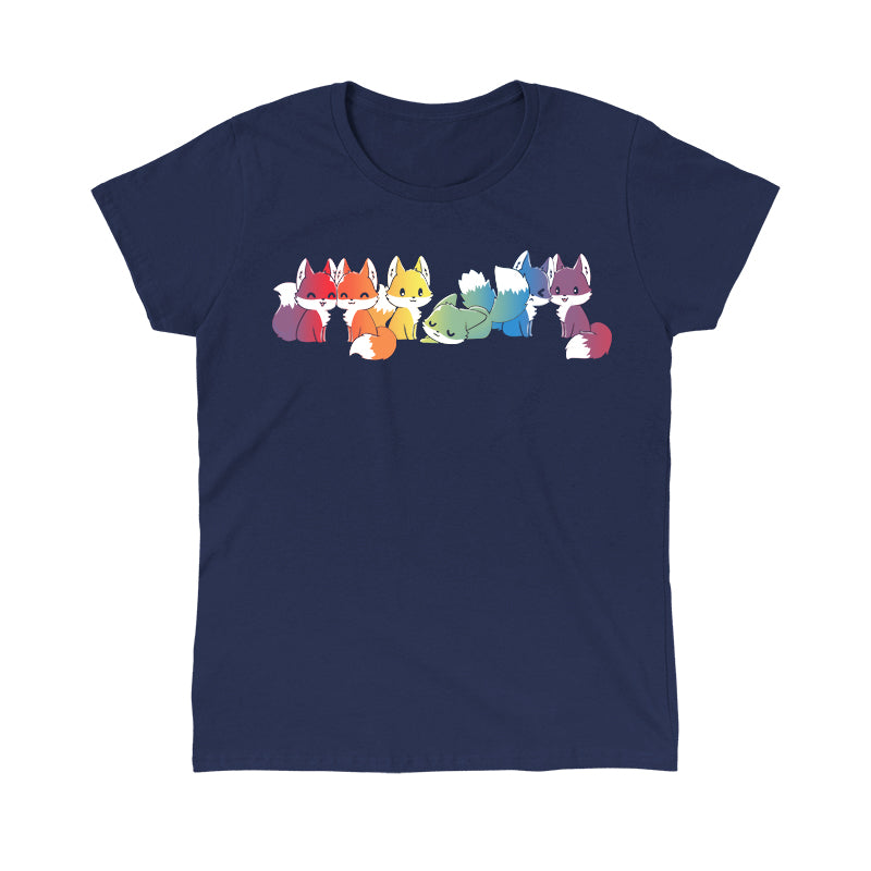 Classic Cotton T-shirt_Illustration of seven cartoon foxes in a line, each in a different color: red, orange, yellow, green, blue, indigo, and purple against a dark background on a Navy Blue apparel from monsterdigital's Rainbow Foxes collection.