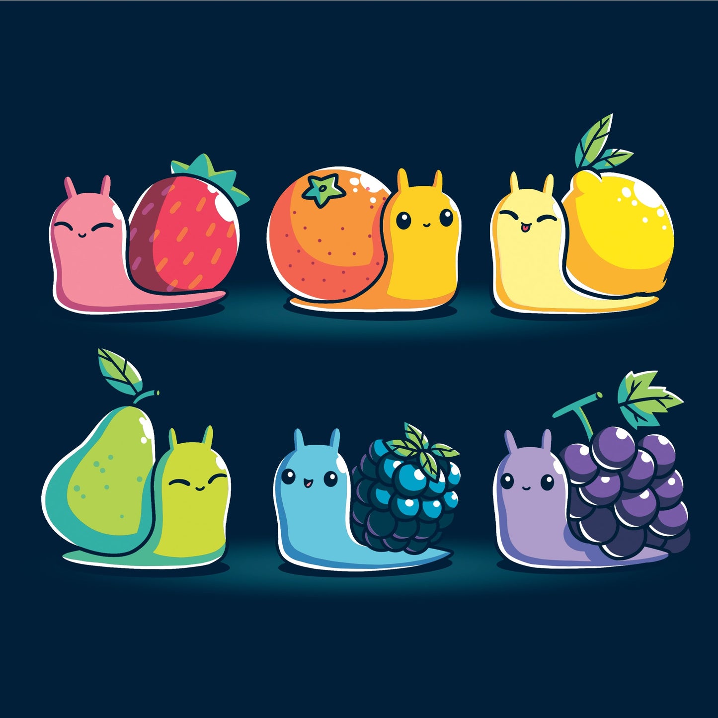 Long Sleeve T-shirt_TeeTurtle Rainbow Fruit Snails navy blue t-shirt featuring six colorful rainbow fruit snails with fruit shells: strawberry, orange, lemon, pear, blackberry, and grape.