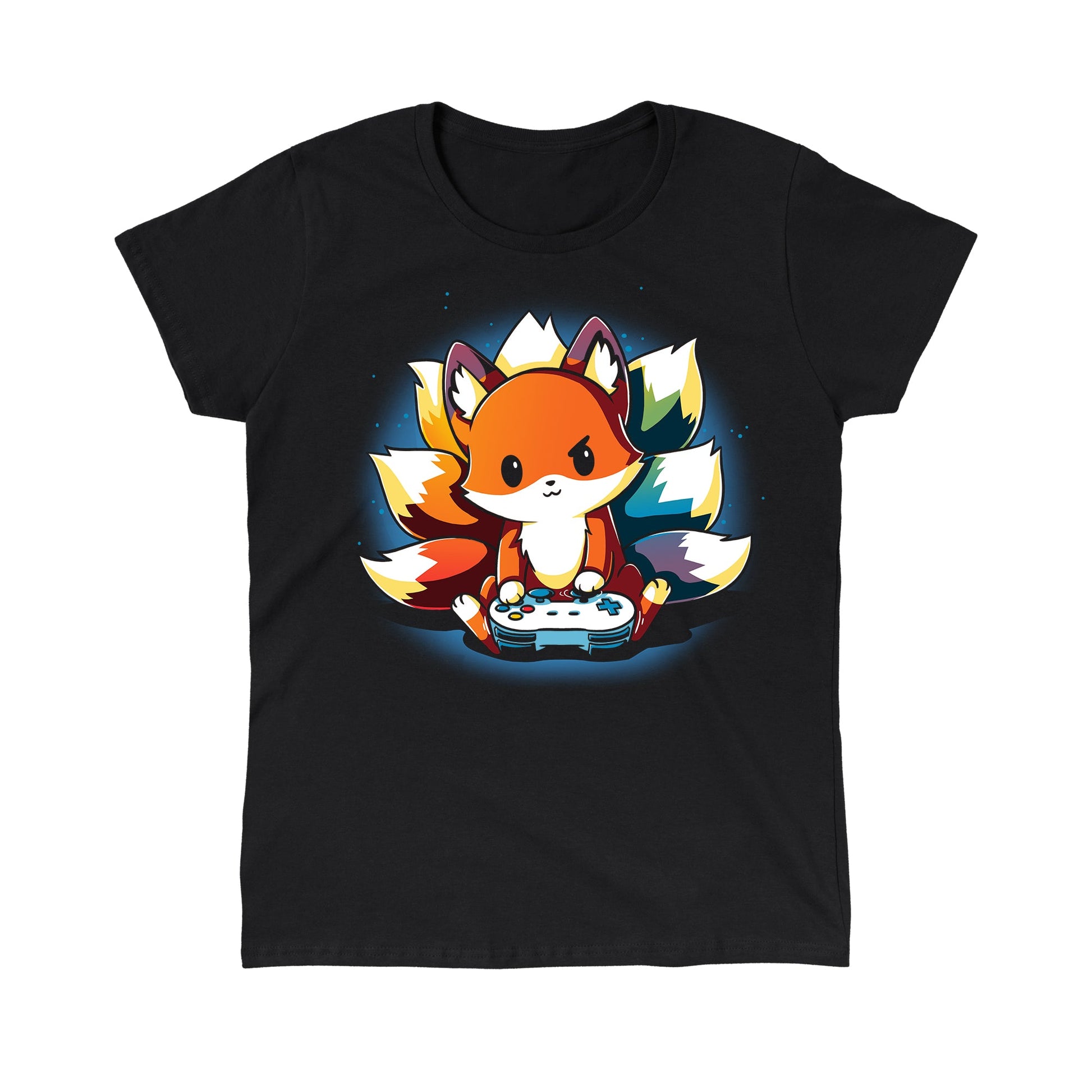 Classic Cotton T-shirt_TeeTurtle Rainbow Gamer black Featuring a kitsune with rainbow tails playing video games