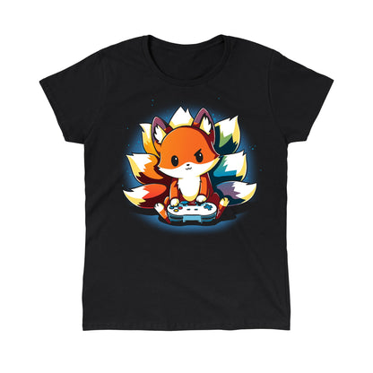 Classic Cotton T-shirt_TeeTurtle Rainbow Gamer black Featuring a kitsune with rainbow tails playing video games