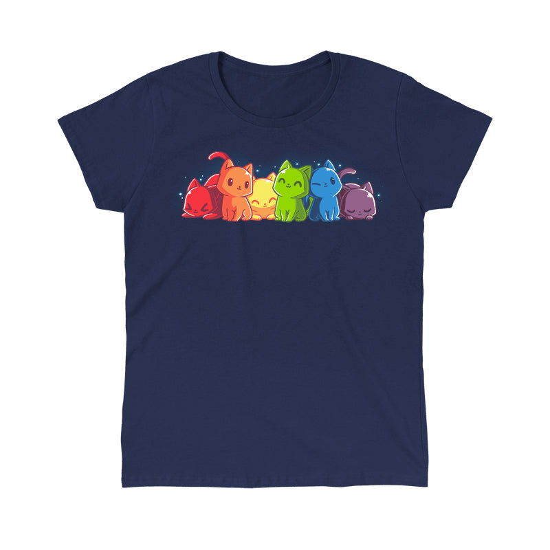 Classic Cotton T-shirt_TeeTurtle navy blue Rainbow Kitties. Featuring a row of kittens in a rainbow color sequence.