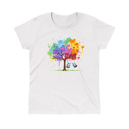 Classic Cotton T-shirt_TeeTurtle Rainbow Panda Pals white t-shirt featuring two pandas swinging on a tree with multicolored paint splatters as leaves.