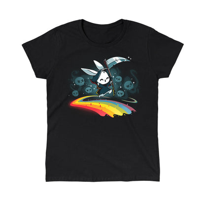 Classic Cotton T-shirt_TeeTurtle Rainbow Reaper black t-shirt featuring a grim reaper bunny smiling and hopping along a rainbow pathway with skulls and sparkles behind them