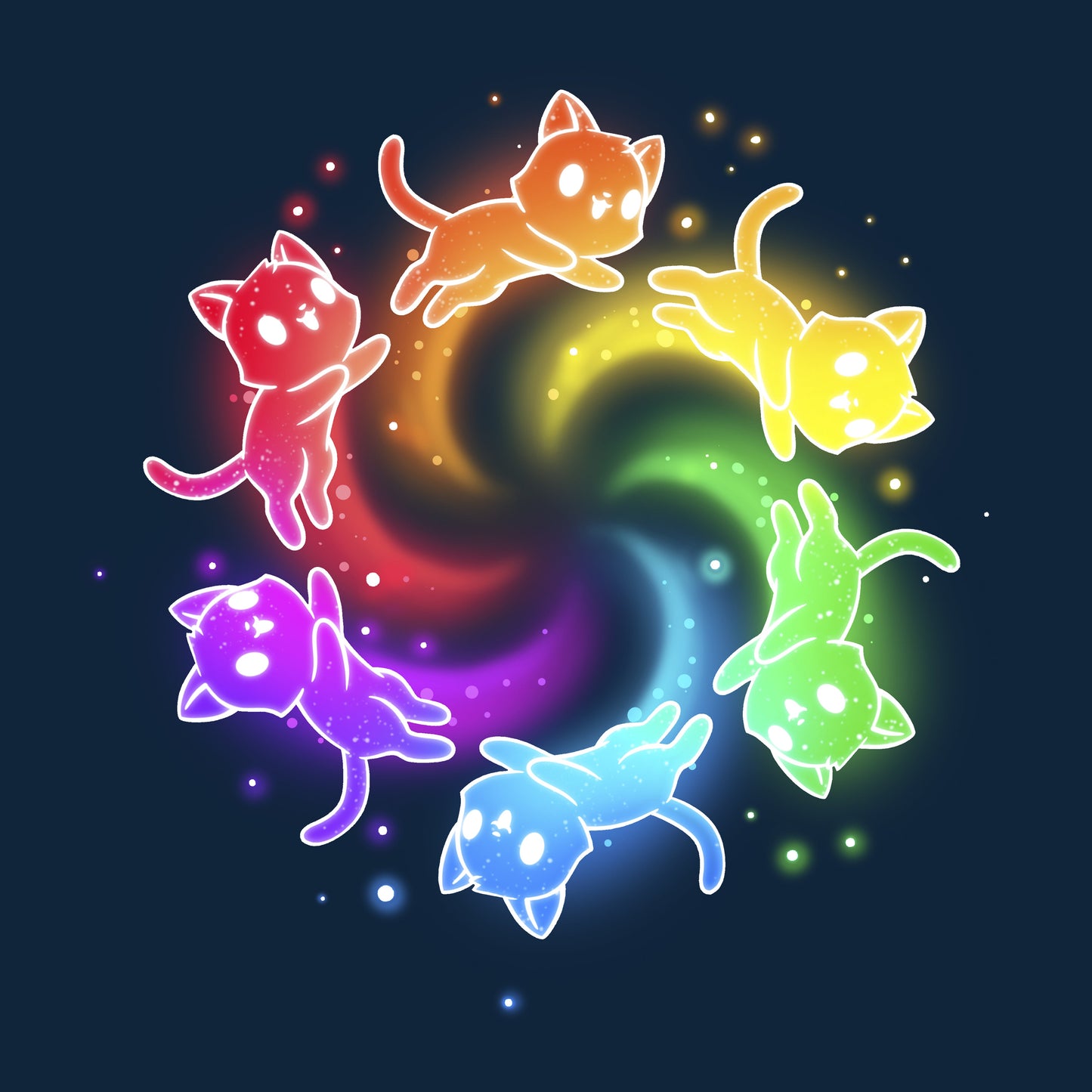 Crew Neck Sweatshirt_TeeTurtle navy blue Rainbow Space Cats apparel featuring rainbow cats running in a circle trailing sparkles.