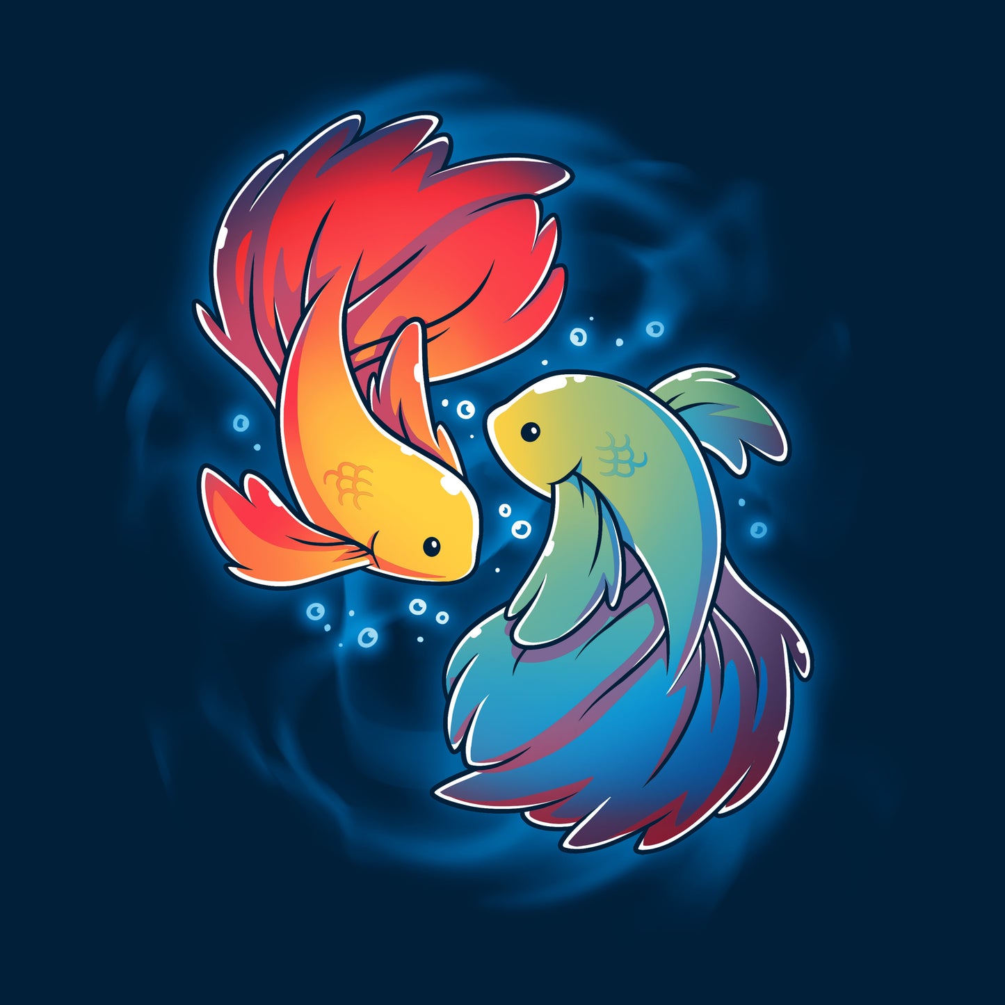 Classic Cotton T-shirt_TeeTurtle Rainbow Betta navy blue t-shirt featuring two colorful Rainbow Betta fish displaying their pride colors swimming in a circular pattern.