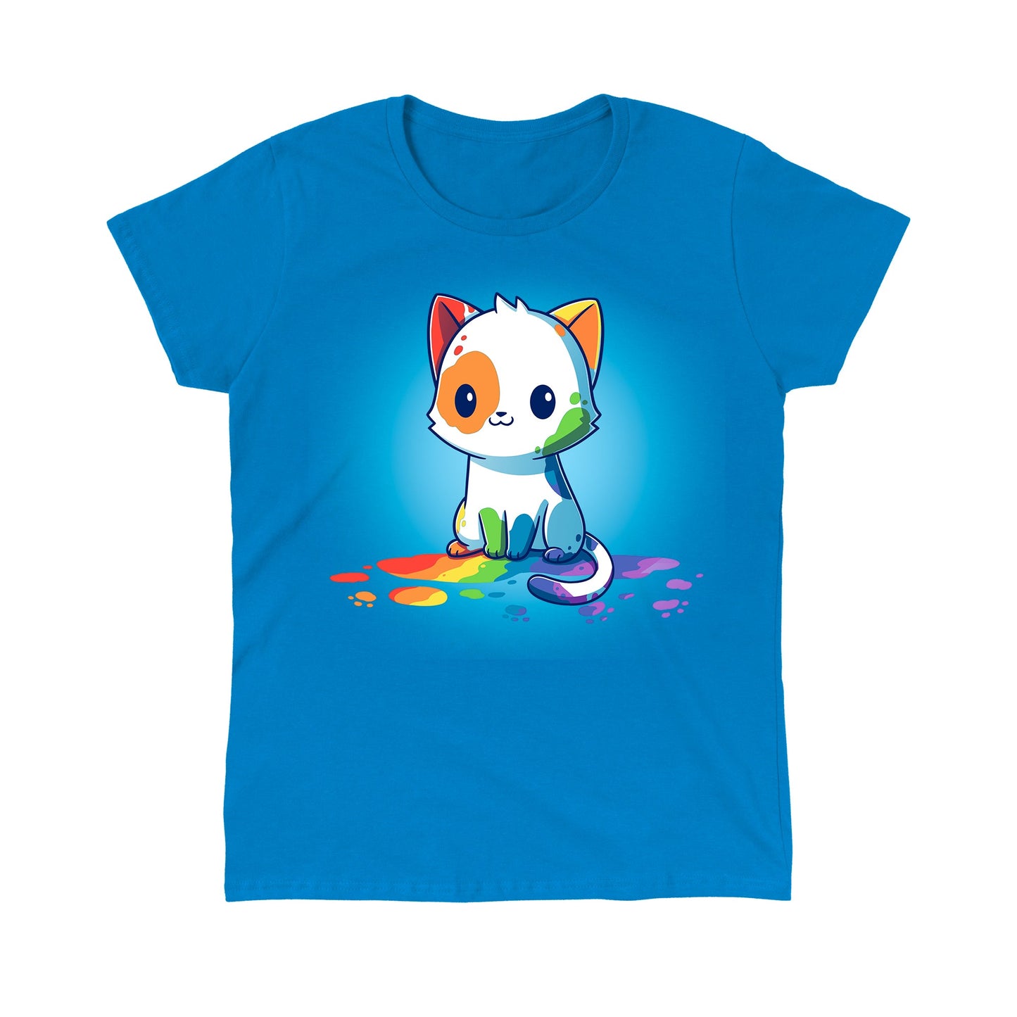 Classic Cotton T-shirt_TeeTurtle Rainbow Cat Sapphire Blue t-shirt featuring an illustration of a white cartoon kitten with colorful paint splashes on its body, sitting on a floor with rainbow-colored paint drops around it. 