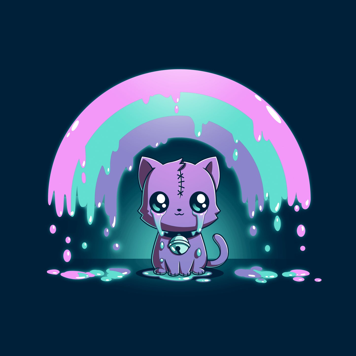 Classic Cotton T-shirt_TeeTurtle Rainbow Crying Cat navy blue t-shirt featuring a cute purple cat with large eyes and a spooky stitched forehead, sitting under a dripping pink, green, and purple rainbow.