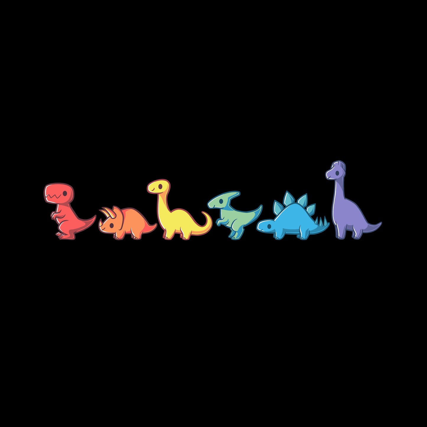 Classic Cotton T-shirt_TeeTurtle Rainbow Dinos black t-shirt featuring six colorful dinosaurs in a row, each a different color and species, from left to right: red, orange, yellow, green, blue, and purple.