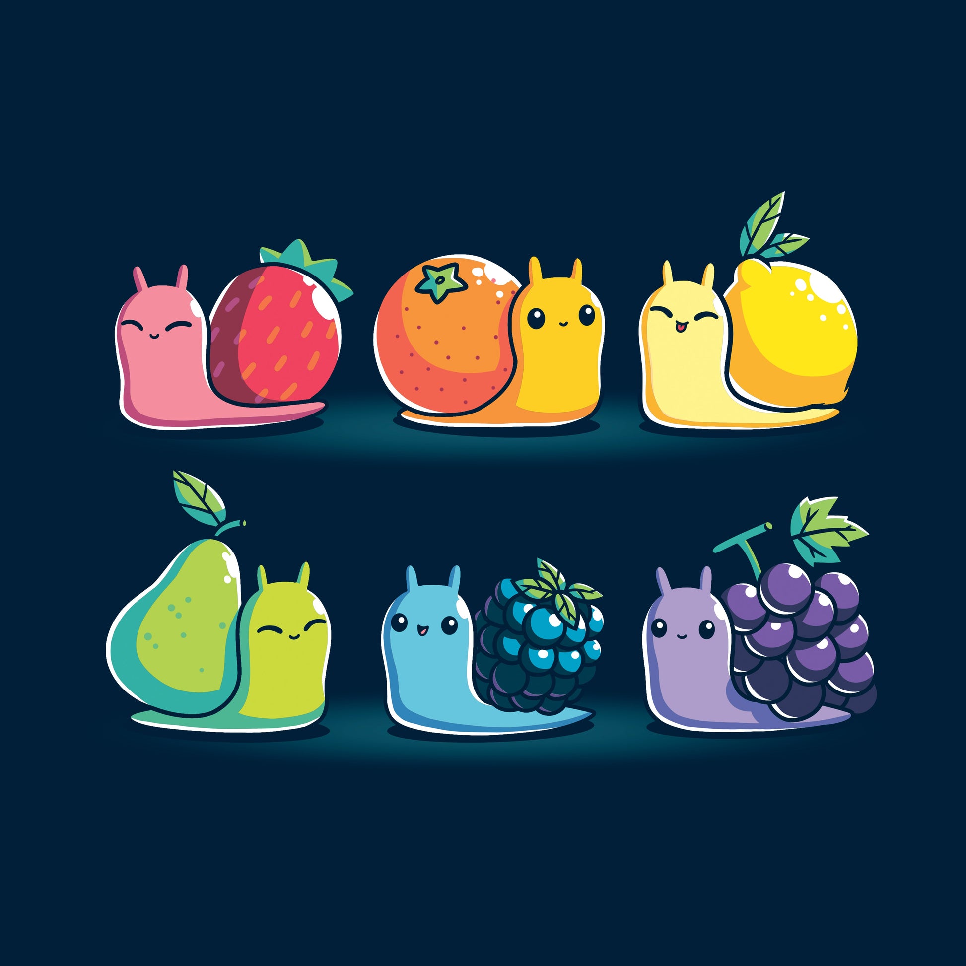 Classic Cotton T-shirt_TeeTurtle Rainbow Fruit Snails navy blue t-shirt featuring six colorful rainbow fruit snails with fruit shells: strawberry, orange, lemon, pear, blackberry, and grape.