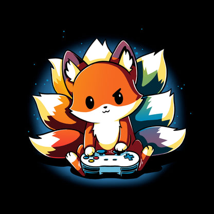 Classic Cotton T-shirt_TeeTurtle Rainbow Gamer black Featuring a kitsune with rainbow tails playing video games