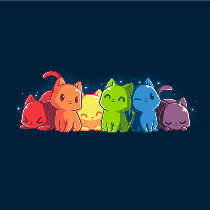 Classic Cotton T-shirt_TeeTurtle navy blue Rainbow Kitties. Featuring a row of kittens in a rainbow color sequence.