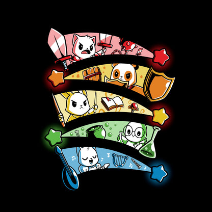 Classic Cotton T-shirt_Teeturtle Rainbow Party Animals black t-shirt featuring a cat, a panda, a bunny, a turtle and a squirrel, each of a different RPG class framed in the different rainbow-colored trails of a star against a black background.