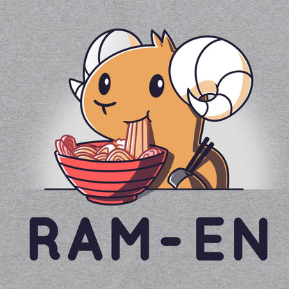 Classic Cotton T-shirt_TeeTurtle Ram-en heather gray t-shirt featuring a ram eating a bowl of ramen. The text reads "Ram-en."