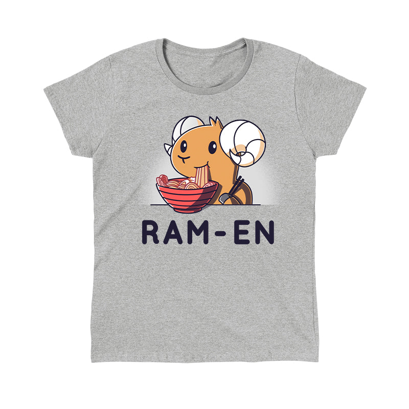 Classic Cotton T-shirt_TeeTurtle Ram-en heather gray t-shirt featuring a ram eating a bowl of ramen. The text reads "Ram-en."