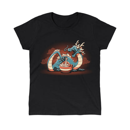 Classic Cotton T-shirt_TeeTurtle Ramen Dragon black t-shirt featuring a food loving dragon with chopsticks who eats noodles from a bowl, set against a dark background with swirling clouds.