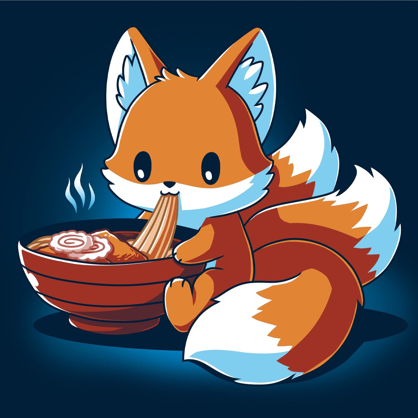 Long Sleeve T-shirt_A cartoon fox, known as the Ramen Kitsune, is sitting and eating noodles from a bowl, holding the noodles with its paws. Steam rises from the bowl. This charming scene is printed on a super soft ringspun cotton navy blue monsterdigital Ramen Kitsune apparel.