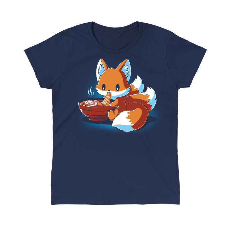 Classic Cotton T-shirt_A cartoon fox, known as the Ramen Kitsune, is sitting and eating noodles from a bowl, holding the noodles with its paws. Steam rises from the bowl. This charming scene is printed on a super soft ringspun cotton navy blue monsterdigital Ramen Kitsune apparel.