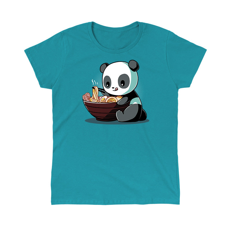 Classic Cotton T-shirt - Illustration of a Ramen Panda eating noodles from a large bowl with chopsticks in its right hand, set against a teal background on a Caribbean Blue apparel by monsterdigital.