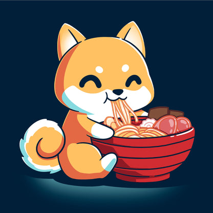 Long Sleeve T-shirt_The Ramen Shiba design from monsterdigital features a cute cartoon Shiba Inu dog happily eating a large bowl of ramen noodles with various toppings, all printed on a super soft ringspun cotton navy blue apparel. The dark background adds an extra charm to this cozy and stylish tee.