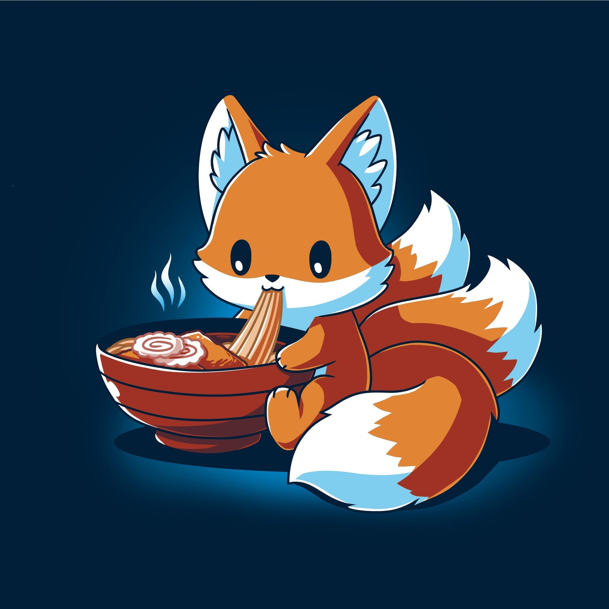 Classic Cotton T-shirt_A cartoon fox, known as the Ramen Kitsune, is sitting and eating noodles from a bowl, holding the noodles with its paws. Steam rises from the bowl. This charming scene is printed on a super soft ringspun cotton navy blue monsterdigital Ramen Kitsune apparel.