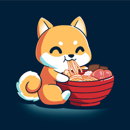 Classic Cotton T-shirt_The Ramen Shiba design from monsterdigital features a cute cartoon Shiba Inu dog happily eating a large bowl of ramen noodles with various toppings, all printed on a super soft ringspun cotton navy blue apparel. The dark background adds an extra charm to this cozy and stylish tee.