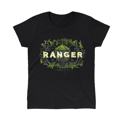 Classic Cotton T-shirt_TeeTurtle Ranger Class black t-shirt featuring an artistic "Ranger" word in front of a D20 dice with arrows going through and trees around it.