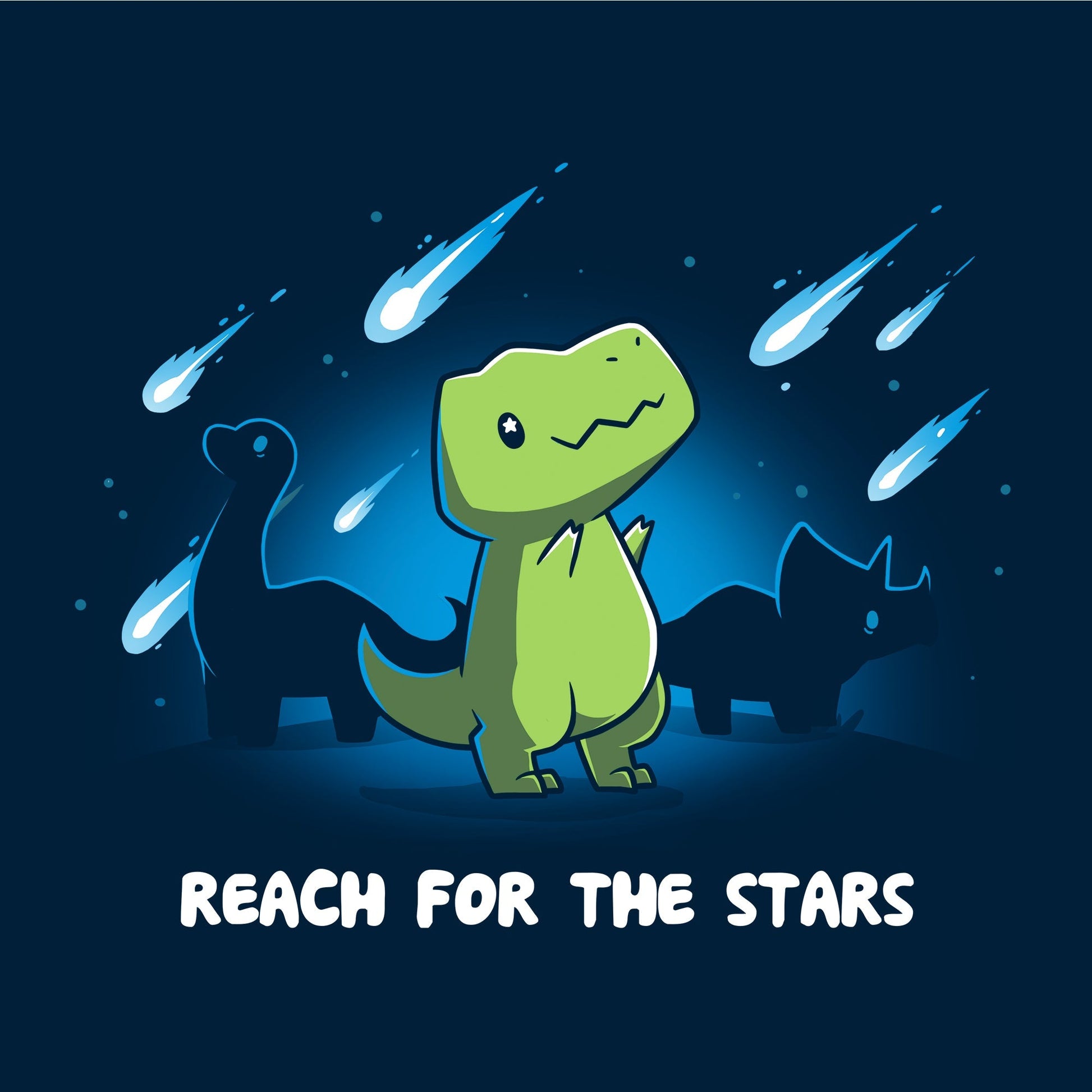 Classic Cotton T-shirt_TeeTurtle Reach For The Stars (T-Rex) Navy Blue t-shirt featuring a dinosaur under a night sky with comets