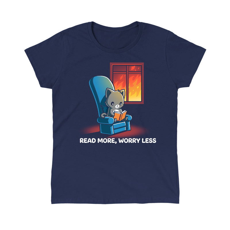 Classic Cotton T-shirt_TeeTurtle navy blue Read More, Worry Less. Featuring a cat reading indoors while the world outside is on fire.