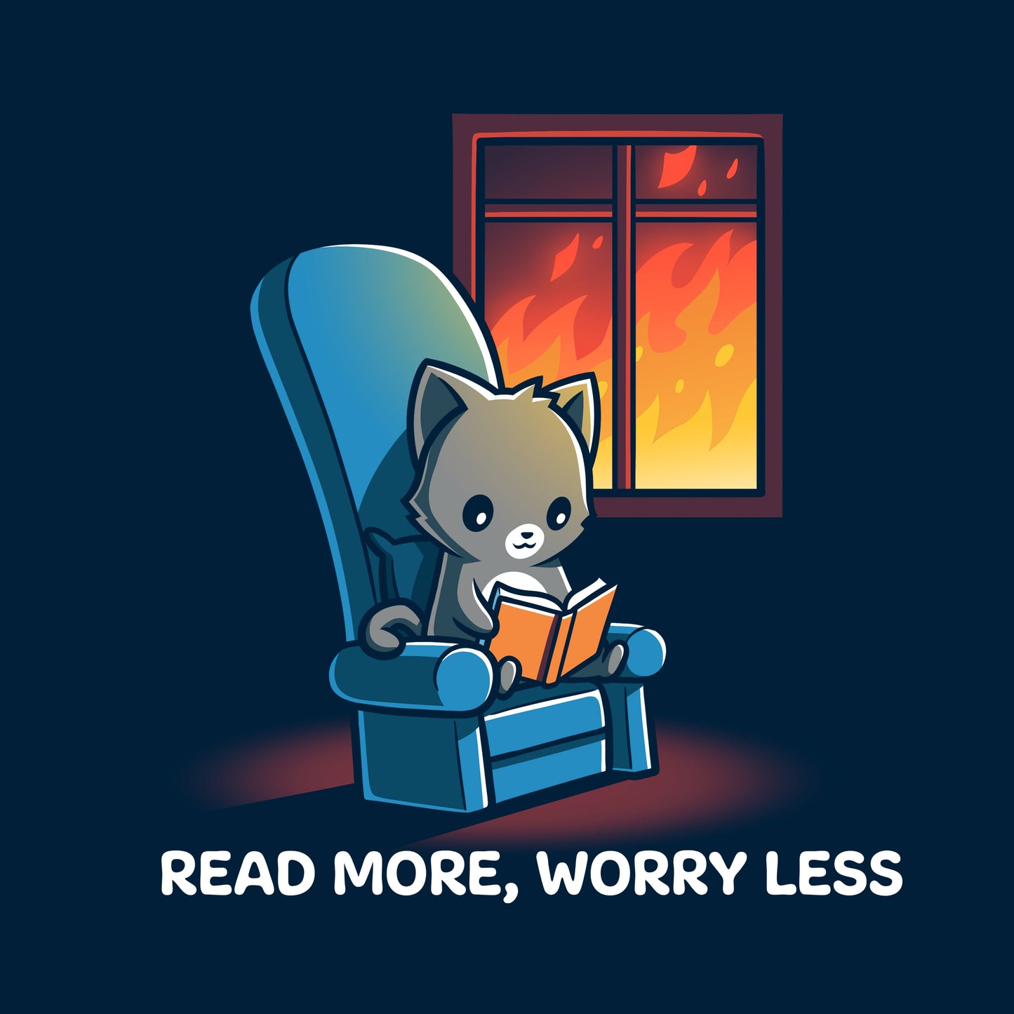 Classic Cotton T-shirt_TeeTurtle navy blue Read More, Worry Less. Featuring a cat reading indoors while the world outside is on fire.