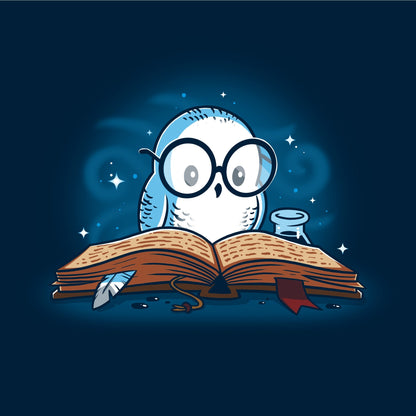 Classic Cotton T-shirt_TeeTurtle navy blue Reading is Magical. Featuring a white owl reading a book.