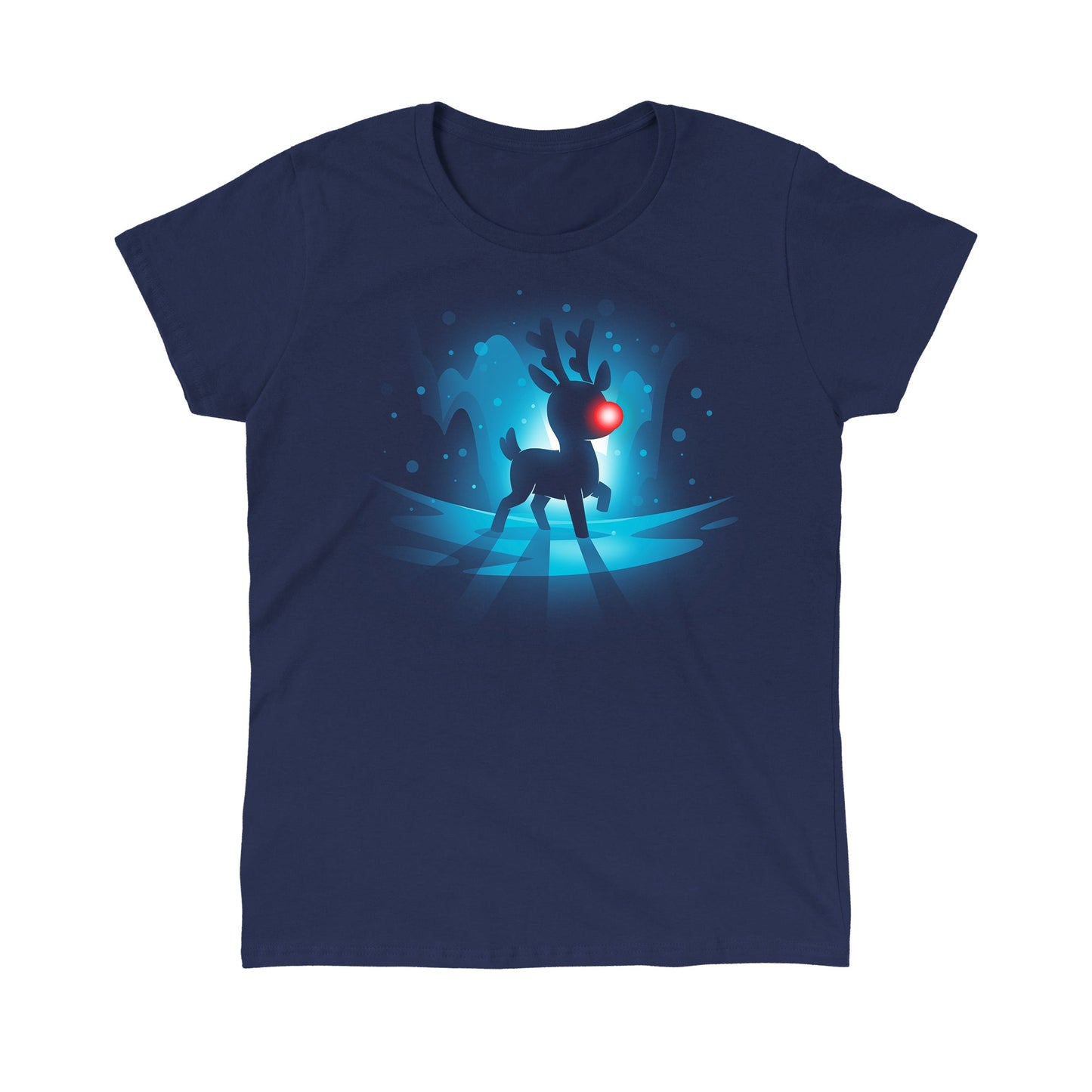 Classic Cotton T-shirt_TeeTurtle Red-Nosed Reindeer navy blue t-shirt featuring a silhouette of a reindeer with a glowing red nose, standing on a reflective surface with a blue, snowy Christmas background.