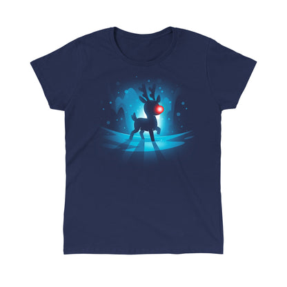 Classic Cotton T-shirt_TeeTurtle Red-Nosed Reindeer navy blue t-shirt featuring a silhouette of a reindeer with a glowing red nose, standing on a reflective surface with a blue, snowy Christmas background.